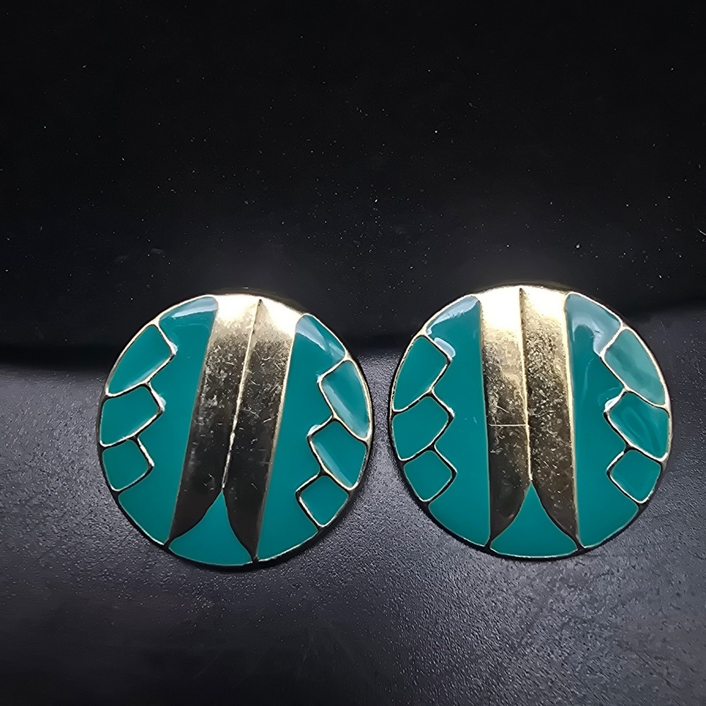 Teal Enamel Clip On Earrings Round Boho Southwest Vintage 1980s